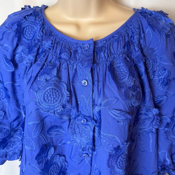Chicos Womens 2.5 XL Cobalt Blue Embroidered Puff Sleeve Button Front Cotton Top - Picture 3 of 6